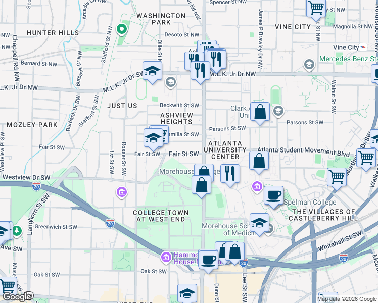 map of restaurants, bars, coffee shops, grocery stores, and more near 945 Joyce Street Southwest in Atlanta