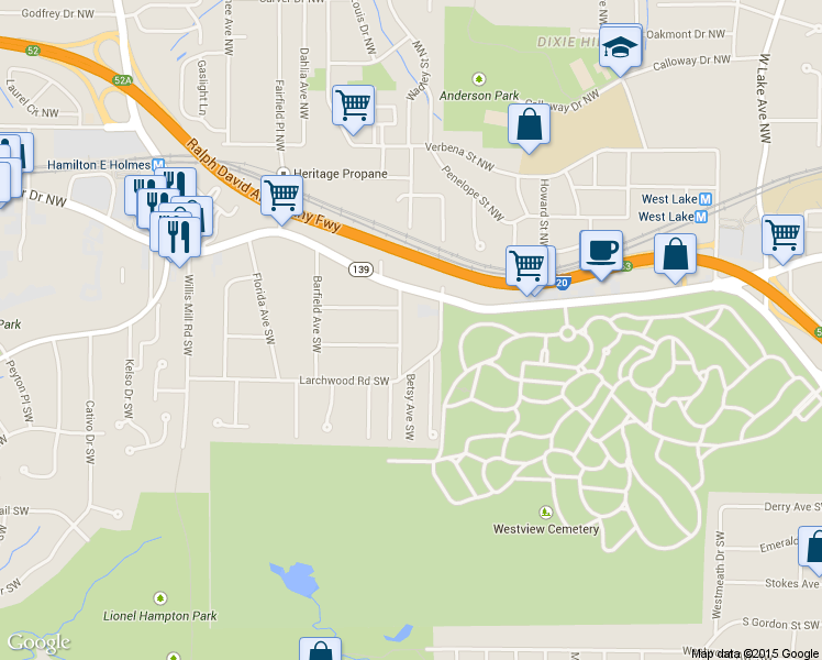 map of restaurants, bars, coffee shops, grocery stores, and more near 2121 Larchwood Road Southwest in Atlanta