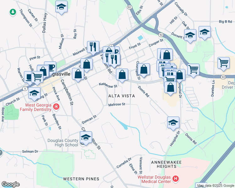 map of restaurants, bars, coffee shops, grocery stores, and more near 8482 Fairview Drive in Douglasville