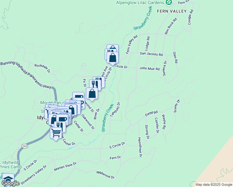 map of restaurants, bars, coffee shops, grocery stores, and more near 25655 Tahquitz Drive in Idyllwild-Pine Cove