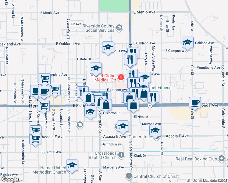 map of restaurants, bars, coffee shops, grocery stores, and more near 1035 Saint John Place in Hemet
