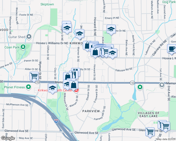 map of restaurants, bars, coffee shops, grocery stores, and more near 129 Eleanor Street Southeast in Atlanta