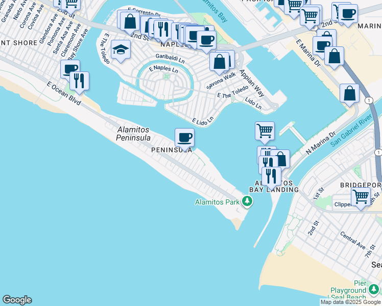 map of restaurants, bars, coffee shops, grocery stores, and more near 99 63rd Place in Long Beach