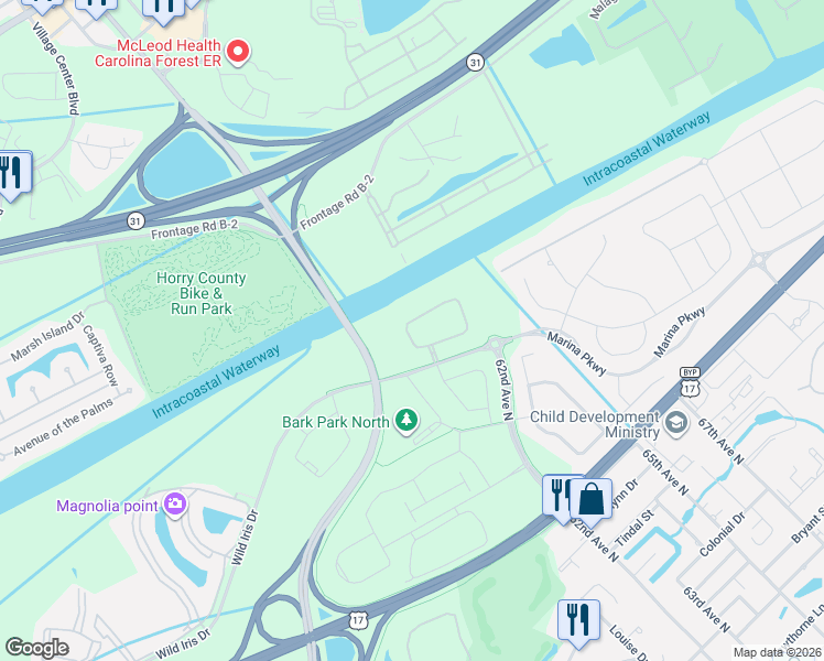 map of restaurants, bars, coffee shops, grocery stores, and more near Marina Parkway in Myrtle Beach