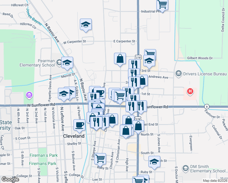 map of restaurants, bars, coffee shops, grocery stores, and more near 319 North Chrisman Avenue in Cleveland