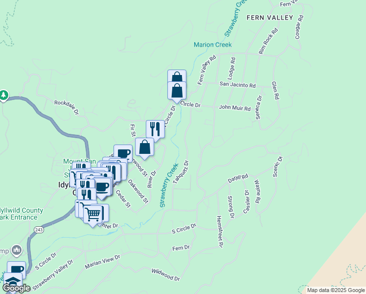 map of restaurants, bars, coffee shops, grocery stores, and more near 25655 Tahquitz Drive in Idyllwild-Pine Cove