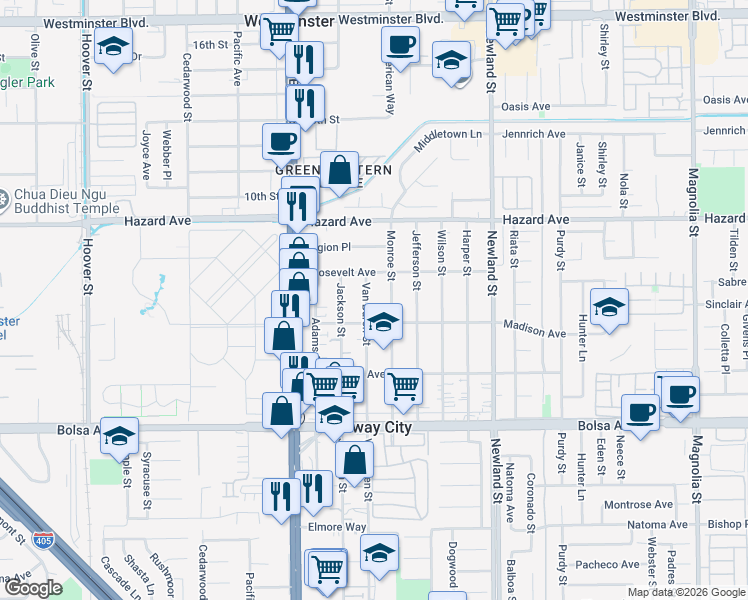 map of restaurants, bars, coffee shops, grocery stores, and more near 14731 Monroe Street in Midway City