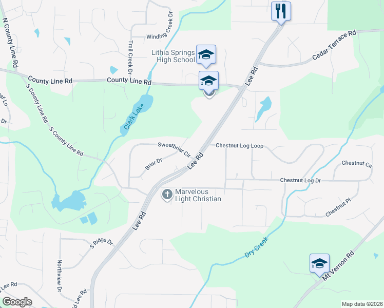 map of restaurants, bars, coffee shops, grocery stores, and more near 8475 Lee Road in Lithia Springs