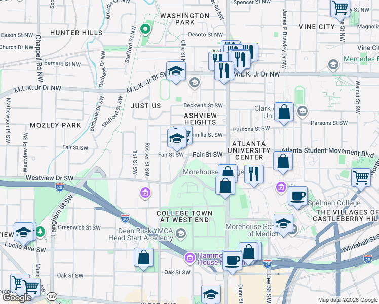 map of restaurants, bars, coffee shops, grocery stores, and more near 1040 Fair Street Southwest in Atlanta