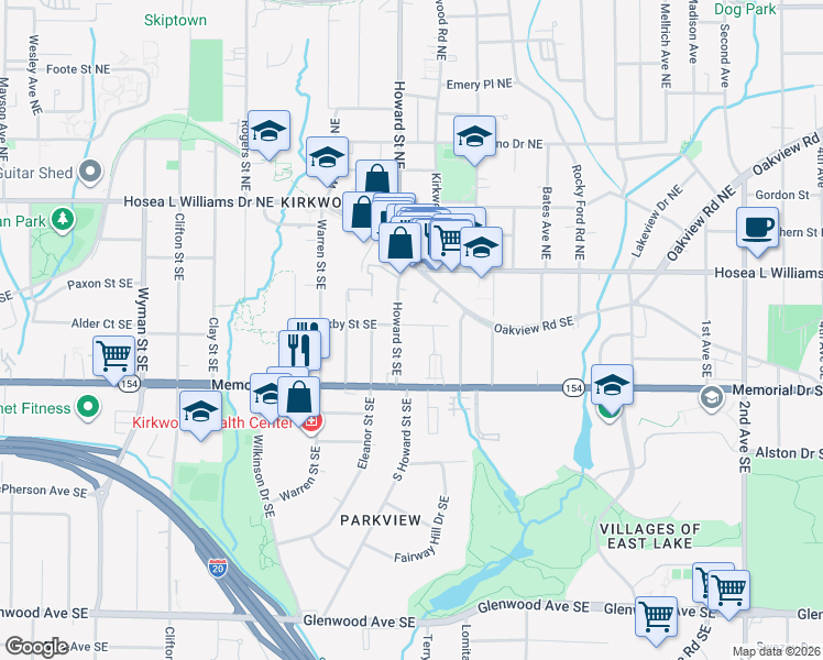 map of restaurants, bars, coffee shops, grocery stores, and more near 160 South Howard Street Southeast in Atlanta