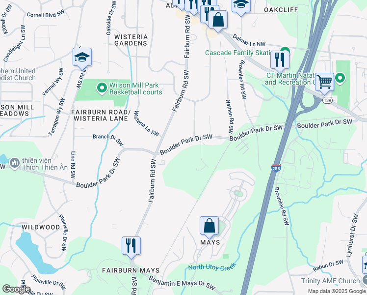 map of restaurants, bars, coffee shops, grocery stores, and more near 3602 Boulder Park Dr SW in Atlanta