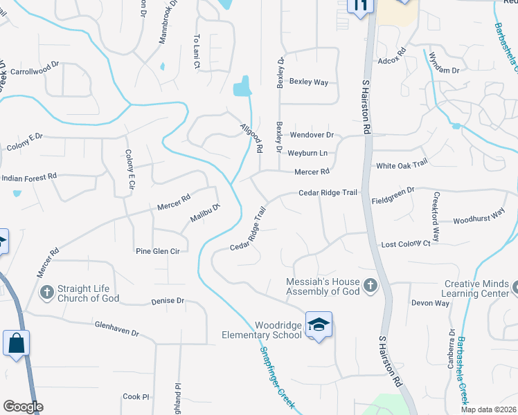 map of restaurants, bars, coffee shops, grocery stores, and more near 4526 Cedar Ridge Trail in Stone Mountain