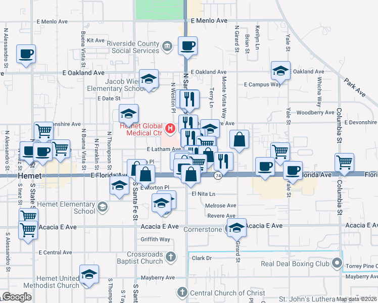 map of restaurants, bars, coffee shops, grocery stores, and more near 162 North San Jacinto Street in Hemet