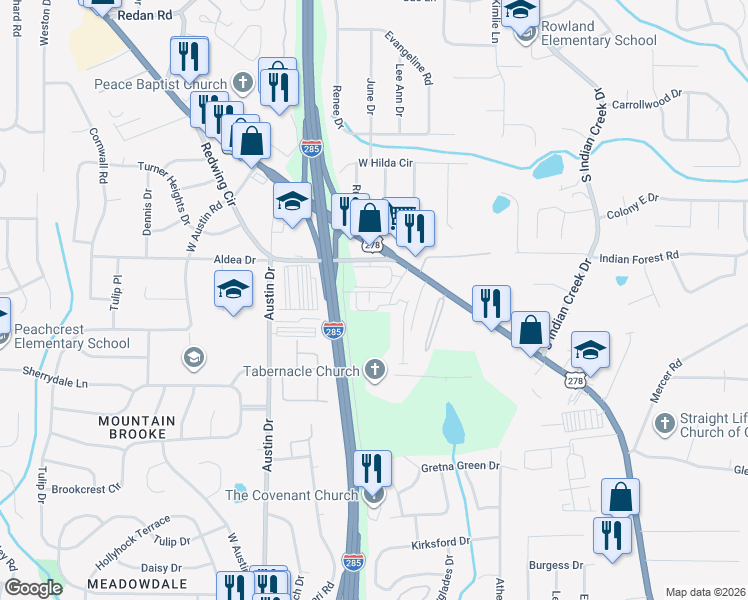 map of restaurants, bars, coffee shops, grocery stores, and more near 3121 Journal Court in Decatur