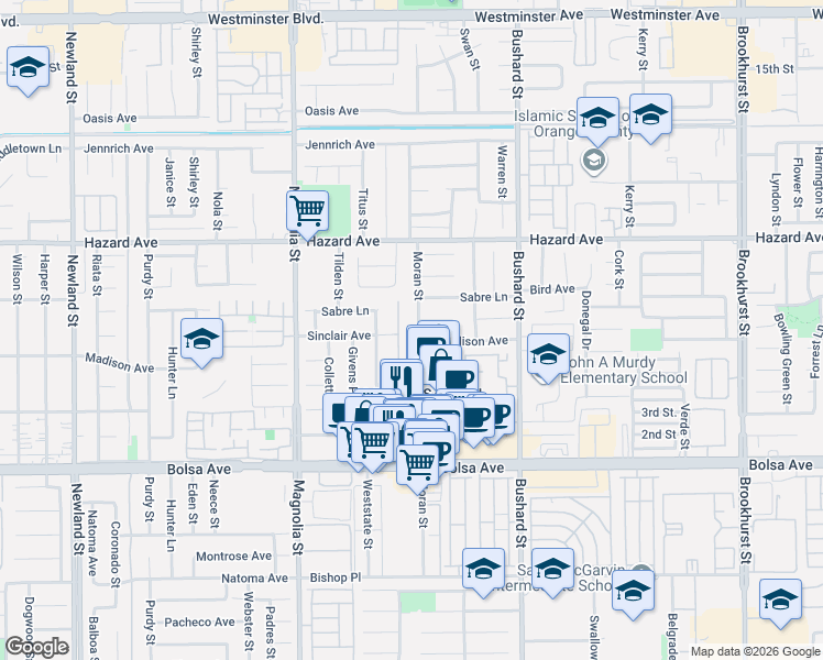 map of restaurants, bars, coffee shops, grocery stores, and more near 14701 Moran Street in Westminster
