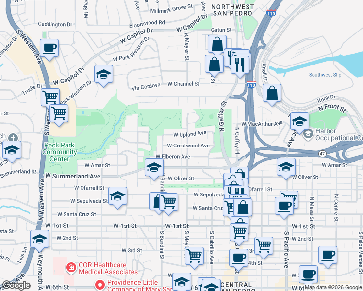 map of restaurants, bars, coffee shops, grocery stores, and more near West Crestwood Avenue in Los Angeles