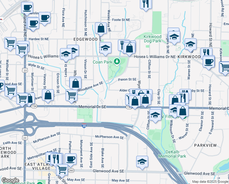 map of restaurants, bars, coffee shops, grocery stores, and more near 1557 Alder Court Southeast in Atlanta