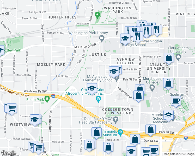 map of restaurants, bars, coffee shops, grocery stores, and more near 1127 Fair Street Southwest in Atlanta