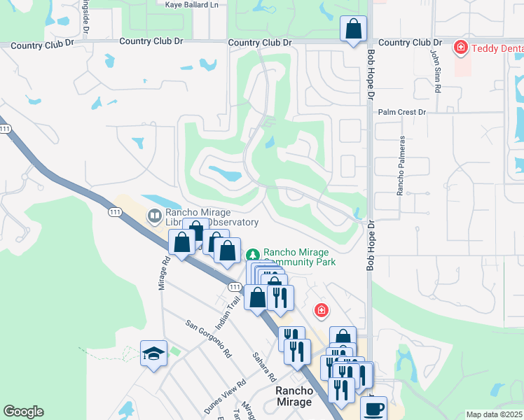map of restaurants, bars, coffee shops, grocery stores, and more near 153 La Cerra Drive in Rancho Mirage