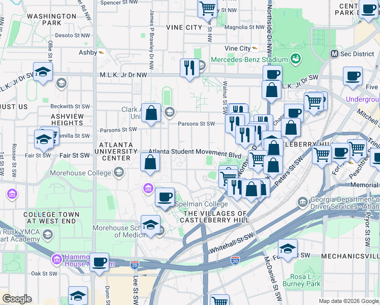 map of restaurants, bars, coffee shops, grocery stores, and more near 157 Elm Street Southwest in Atlanta