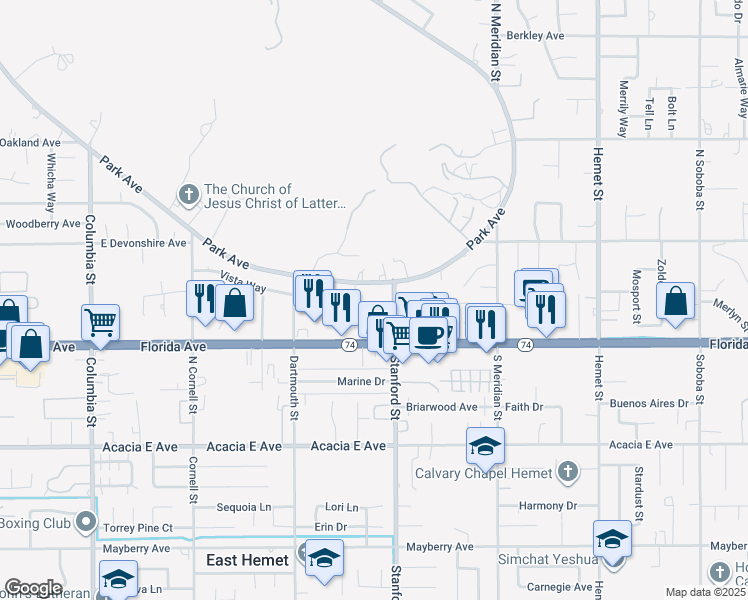 map of restaurants, bars, coffee shops, grocery stores, and more near 3660 Vista Way in Hemet