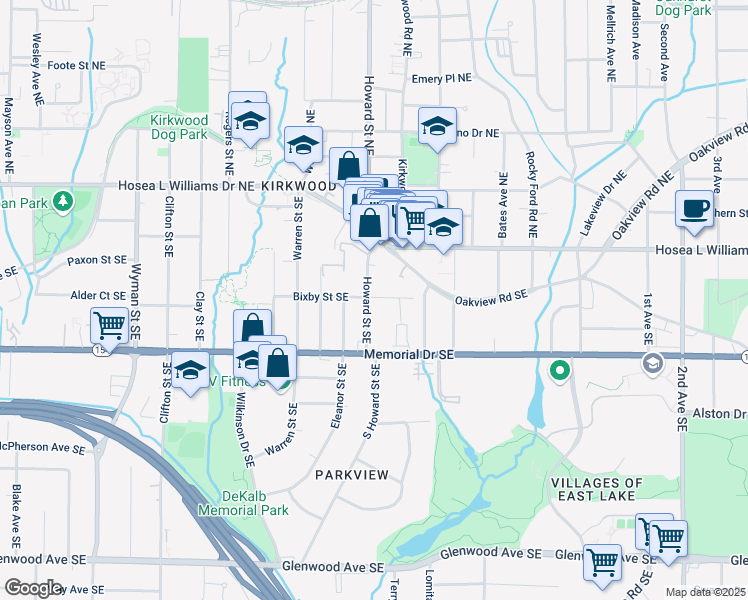 map of restaurants, bars, coffee shops, grocery stores, and more near 120 Howard Street Southeast in Atlanta