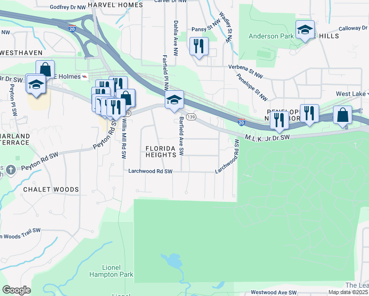 map of restaurants, bars, coffee shops, grocery stores, and more near 236 Barfield Avenue Southwest in Atlanta
