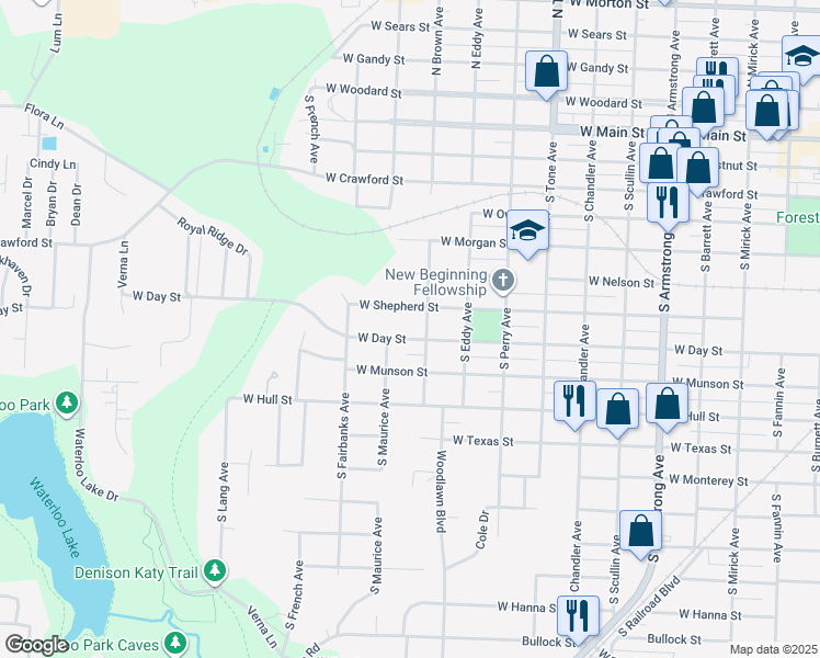 map of restaurants, bars, coffee shops, grocery stores, and more near 1412 West Shepherd Street in Denison