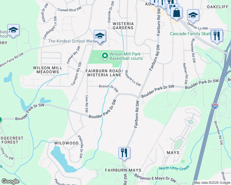 map of restaurants, bars, coffee shops, grocery stores, and more near 3760 Branch Drive Southwest in Atlanta