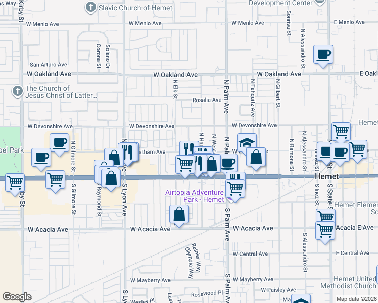 map of restaurants, bars, coffee shops, grocery stores, and more near West Latham Avenue & North Valley View Drive in Hemet