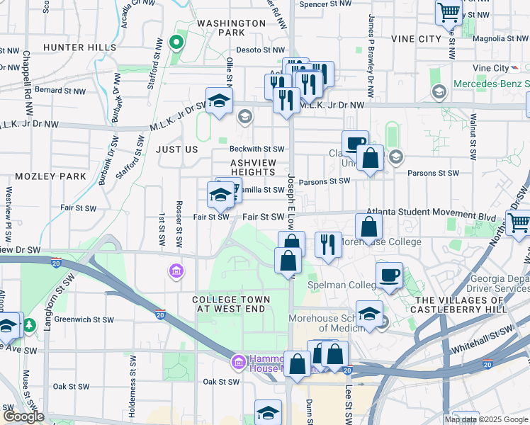 map of restaurants, bars, coffee shops, grocery stores, and more near 945 Ashby Grove Southwest in Atlanta