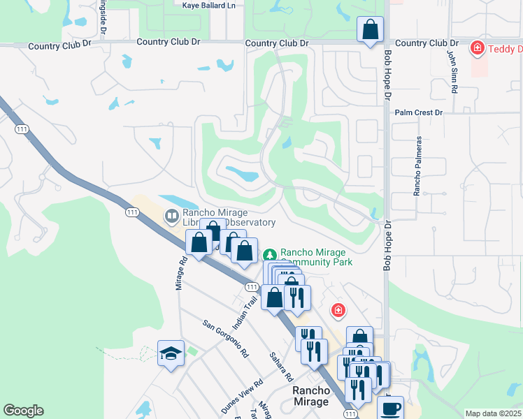 map of restaurants, bars, coffee shops, grocery stores, and more near 142 La Cerra Drive in Rancho Mirage