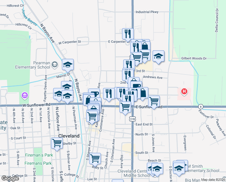 map of restaurants, bars, coffee shops, grocery stores, and more near 401 North Chrisman Avenue in Cleveland