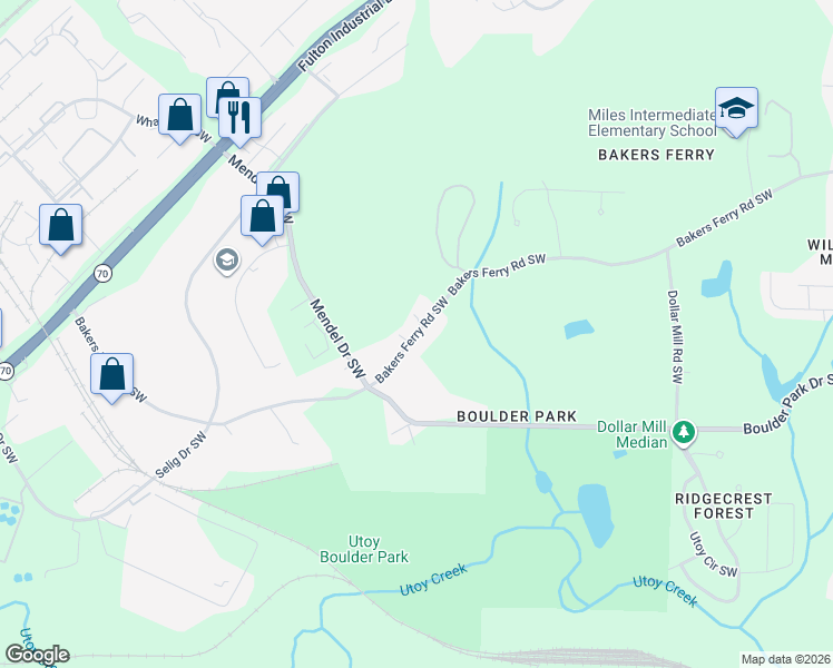 map of restaurants, bars, coffee shops, grocery stores, and more near 4590 Bakers Ferry Road Southwest in Atlanta