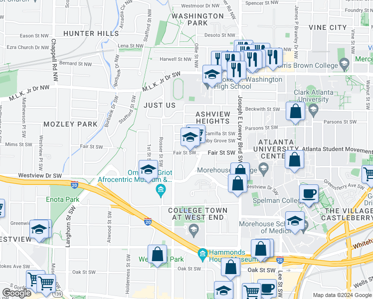 map of restaurants, bars, coffee shops, grocery stores, and more near 1051 Fair Street Southwest in Atlanta