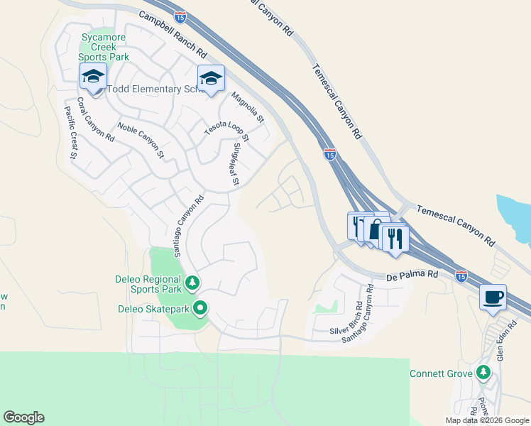 map of restaurants, bars, coffee shops, grocery stores, and more near 11478 Elderberry Lane in Corona