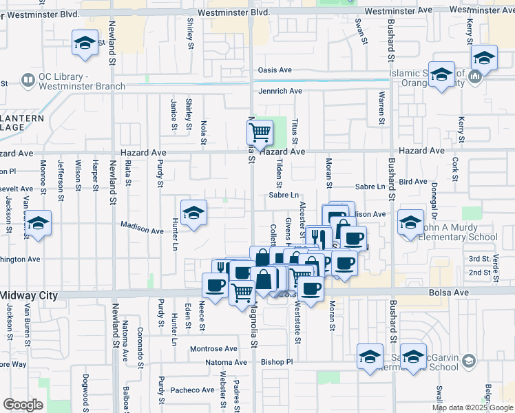 map of restaurants, bars, coffee shops, grocery stores, and more near 9001 Sabre Lane in Westminster
