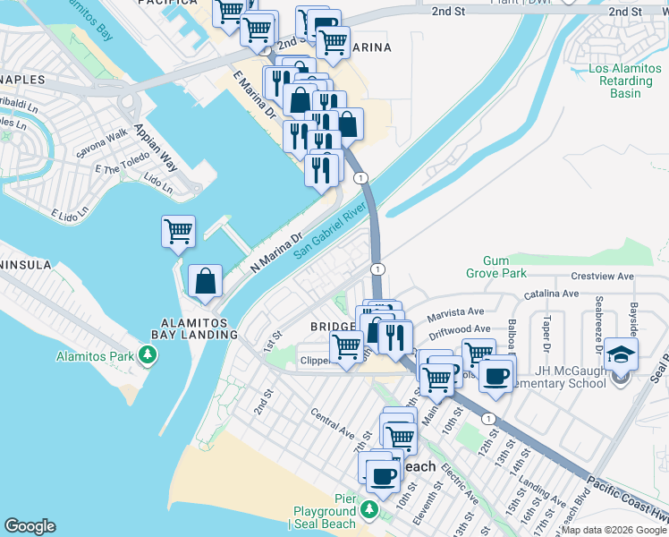 map of restaurants, bars, coffee shops, grocery stores, and more near 333 1st Street in Seal Beach
