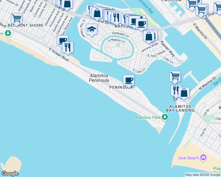 map of restaurants, bars, coffee shops, grocery stores, and more near 37 58th Place in Long Beach