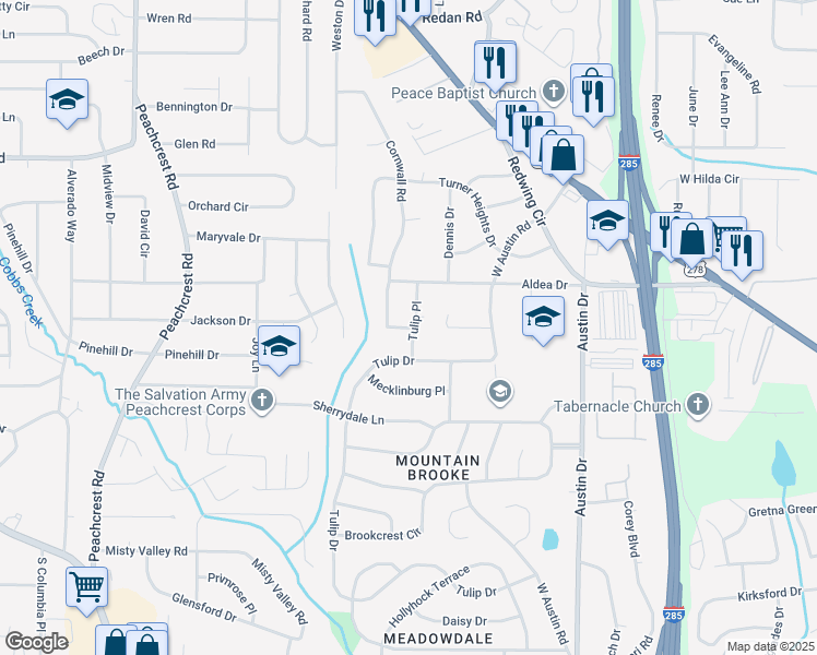 map of restaurants, bars, coffee shops, grocery stores, and more near 1462 Janmar Drive in Decatur