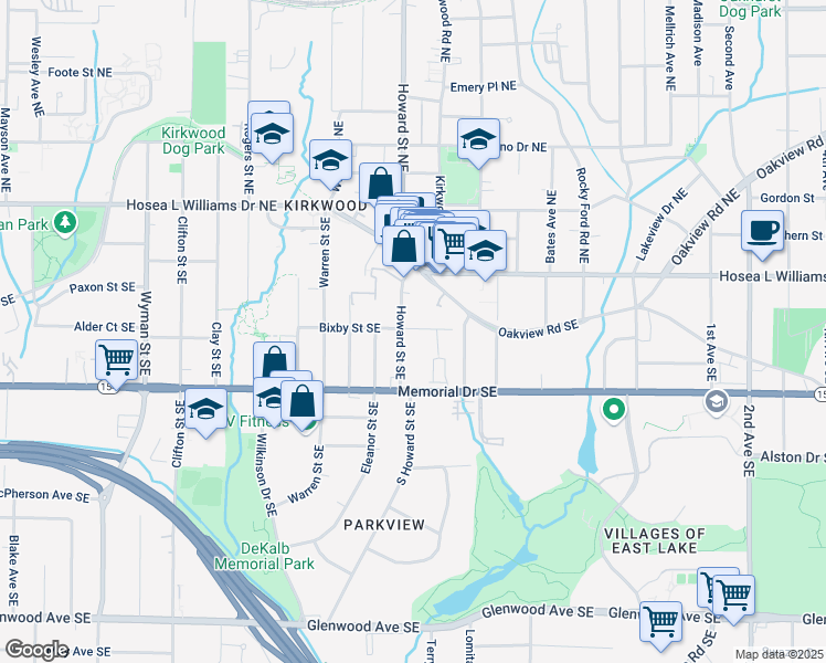 map of restaurants, bars, coffee shops, grocery stores, and more near 120 Howard Street Southeast in Atlanta
