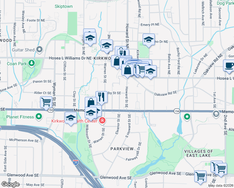 map of restaurants, bars, coffee shops, grocery stores, and more near 129 Eleanor Street Southeast in Atlanta