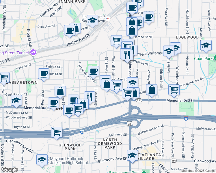 map of restaurants, bars, coffee shops, grocery stores, and more near 1057 Kirkwood Avenue Southeast in Atlanta