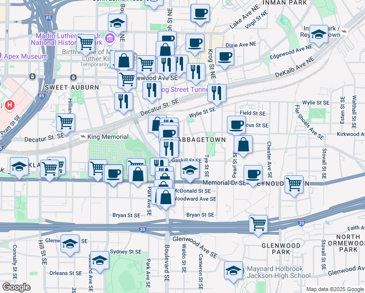 map of restaurants, bars, coffee shops, grocery stores, and more near 189 Berean Avenue Southeast in Atlanta