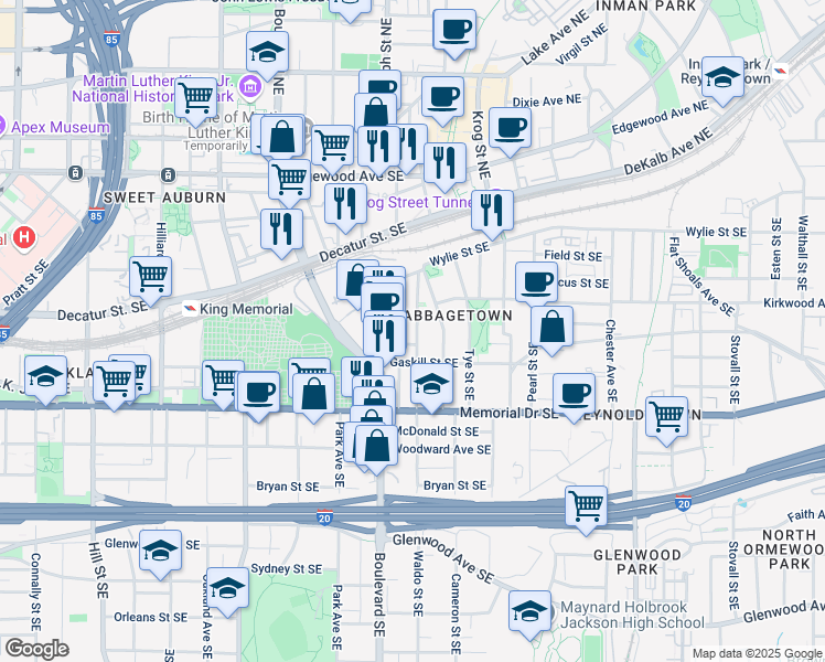 map of restaurants, bars, coffee shops, grocery stores, and more near 193 Berean Avenue Southeast in Atlanta