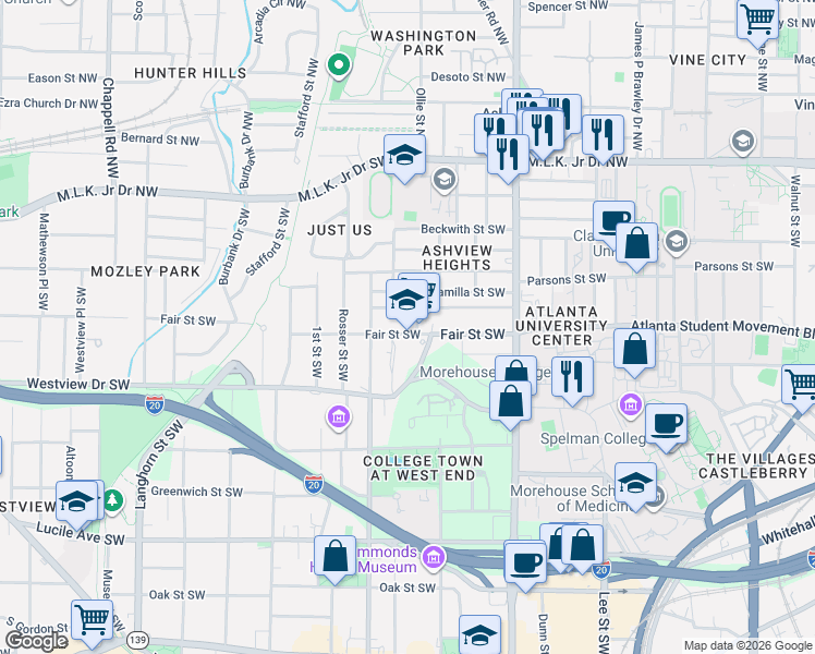 map of restaurants, bars, coffee shops, grocery stores, and more near 1027 Ashby Grove Southwest in Atlanta