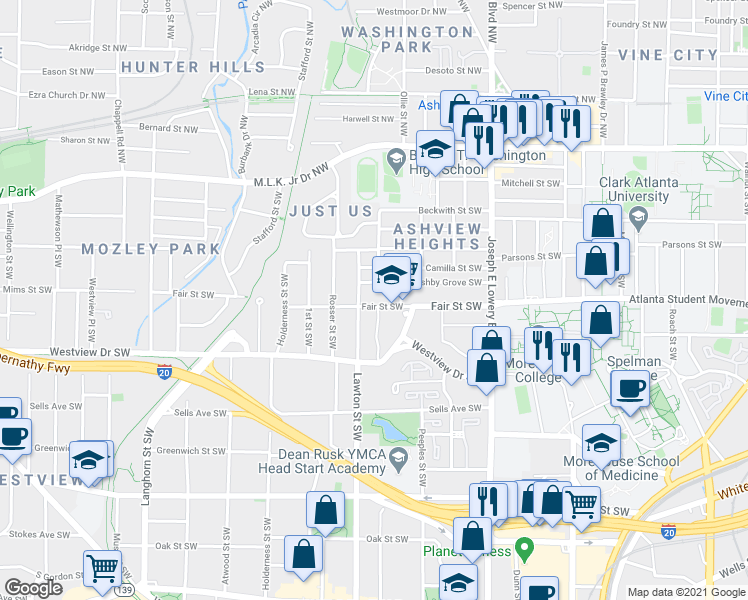 map of restaurants, bars, coffee shops, grocery stores, and more near 1077 Ashby Grove Southwest in Atlanta