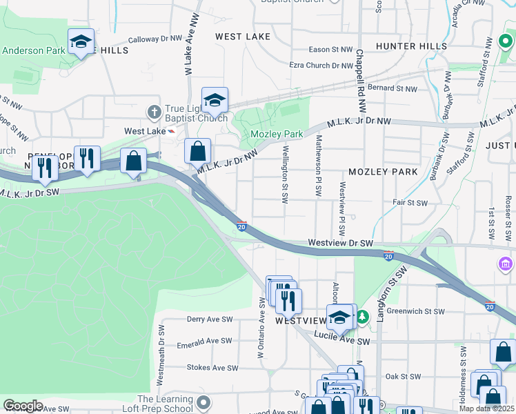 map of restaurants, bars, coffee shops, grocery stores, and more near 1589 Mims Street Southwest in Atlanta