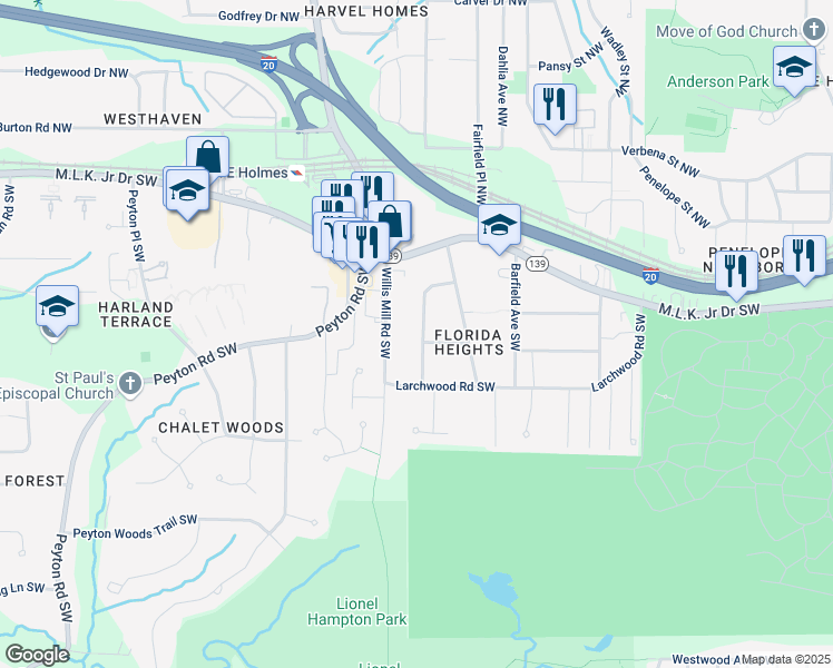 map of restaurants, bars, coffee shops, grocery stores, and more near 212 Silver Springs Circle Southwest in Atlanta