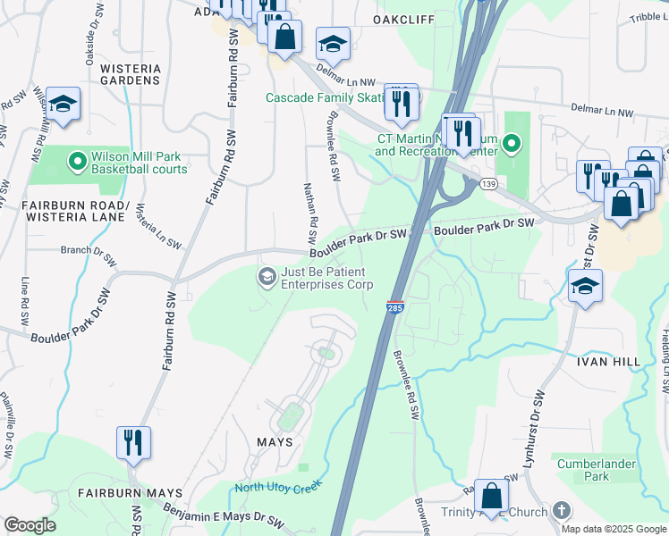 map of restaurants, bars, coffee shops, grocery stores, and more near 3475 Boulder Park Drive Southwest in Atlanta